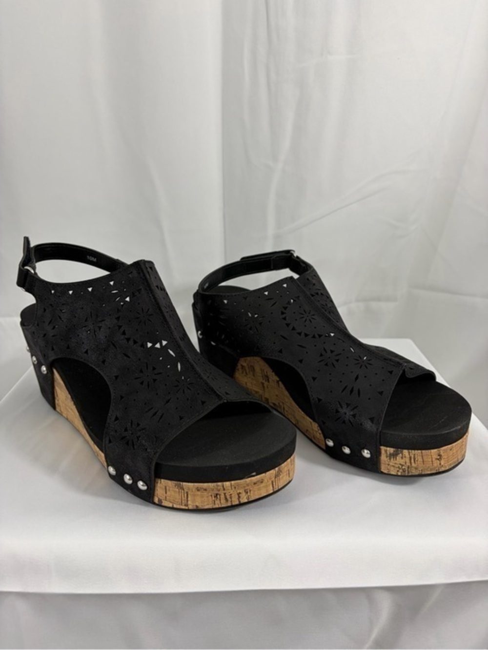 NWT Pop Women’s Size 10 Black Laser-Cut Cork 3 Inch Wedge Sandals